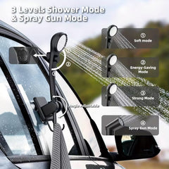 Portable rechargeable camping shower with foldable bucket