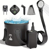Portable rechargeable camping shower with foldable bucket