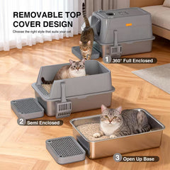 CITYLIFE Oversized Stainless Steel Cat Litter Box – Covered & Anti-Splash Design
