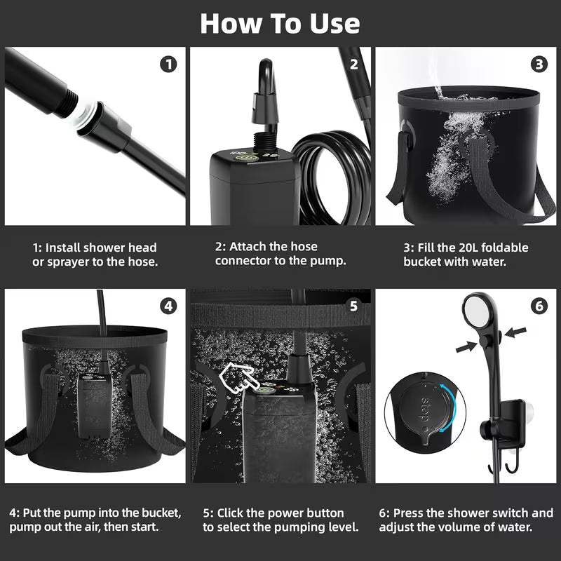 Portable rechargeable camping shower with foldable bucket