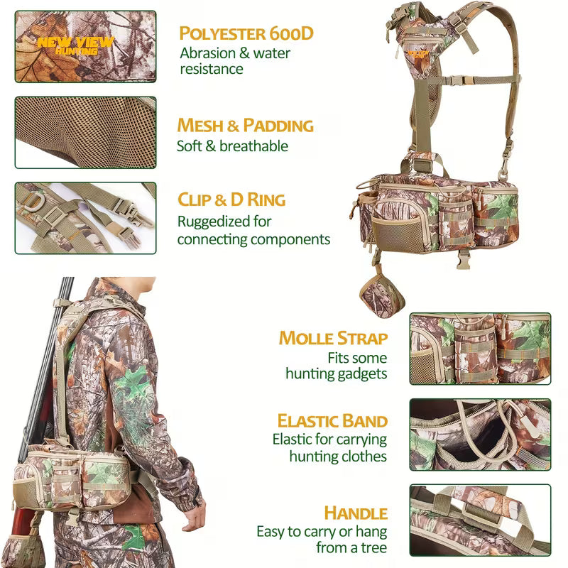 Camo hunting waist pack with 9 pockets and rifle holder