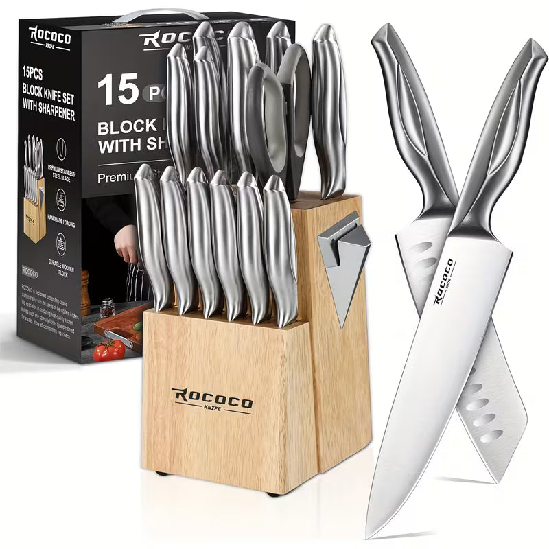 15-Piece Kitchen Knife Set with Block & Sharpener