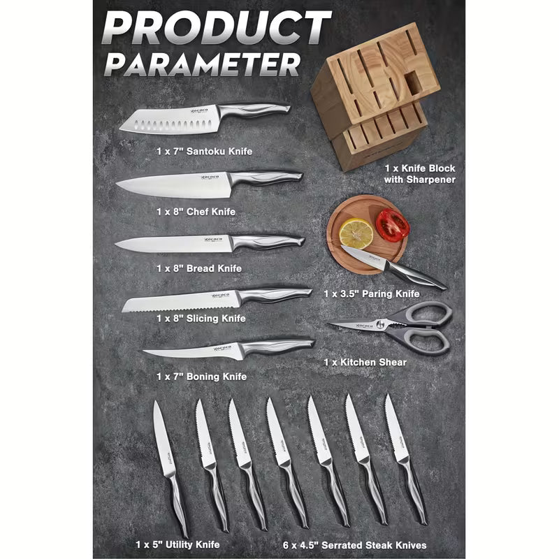 15-Piece Kitchen Knife Set with Block & Sharpener