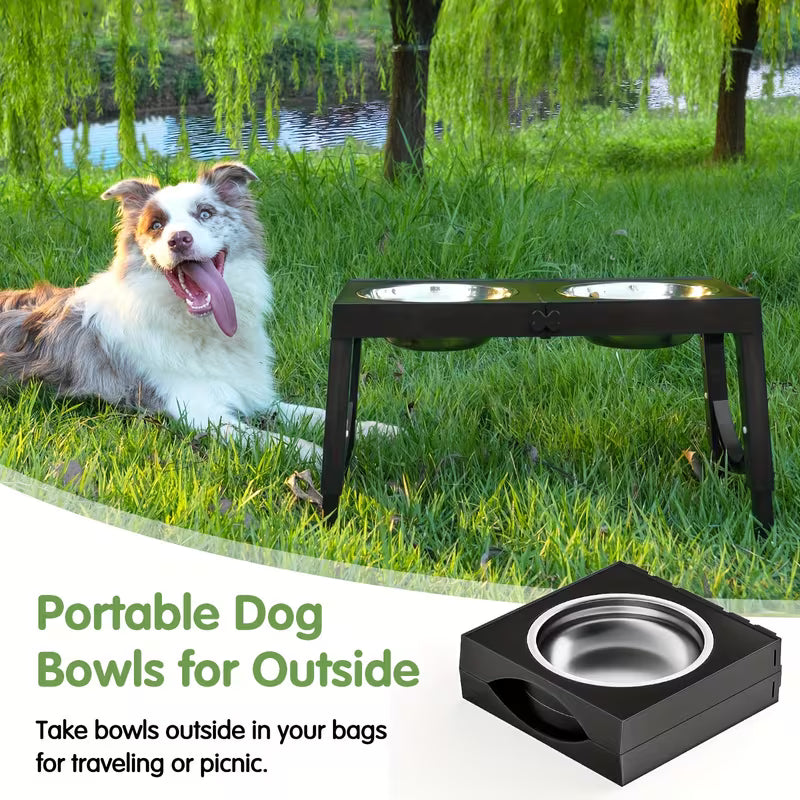 Foldable Elevated Dog Bowls – Adjustable 5-Height Stand with 2 Stainless Steel Bowls