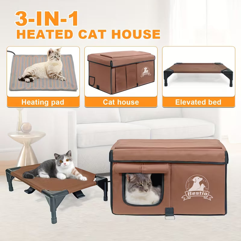 3-in-1 Cat House – Cozy Pad, Elevated Bed & Durable All-Season Cat Shelter