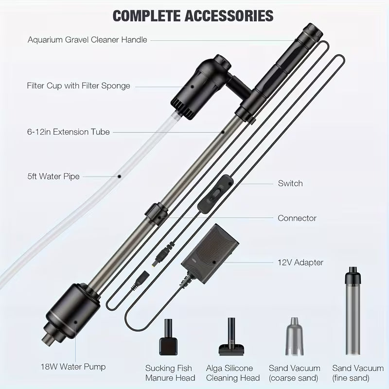 6-in-1 Electric Aquarium Gravel Cleaner – 18W Water Changer & Gravel Vacuum