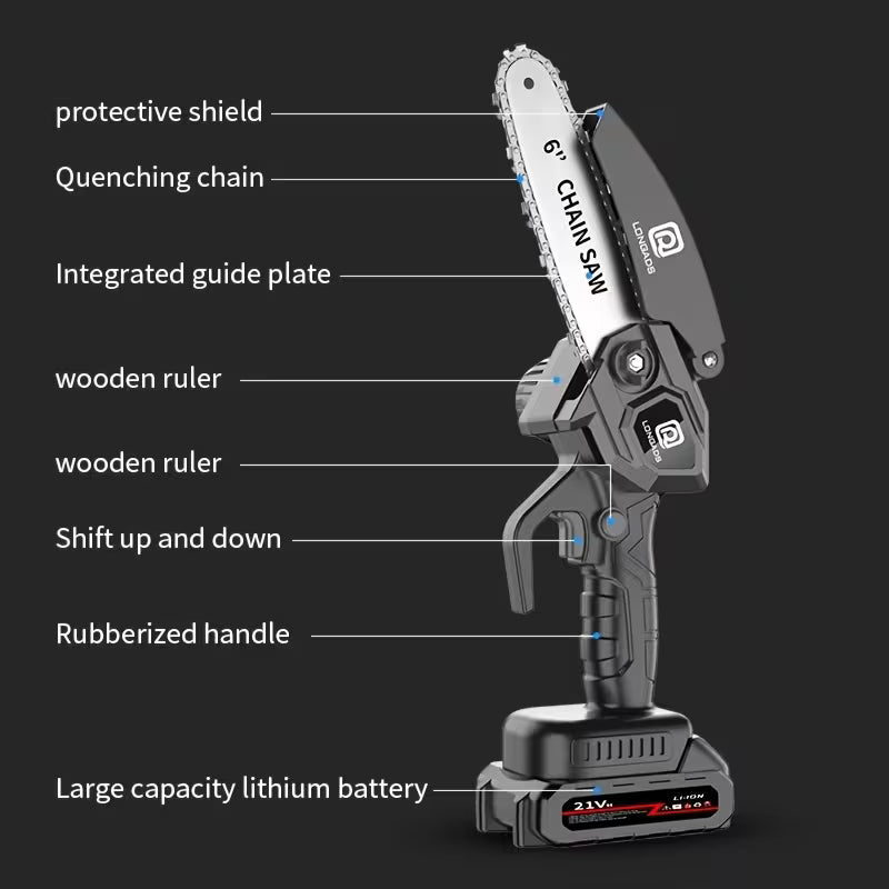6-Inch Mini Cordless Chainsaw – Rechargeable Battery, Adjustable Chain & Safety Lock