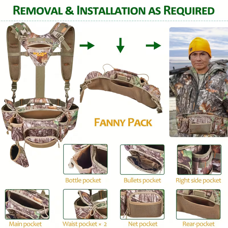 Camo hunting waist pack with 9 pockets and rifle holder