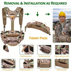 Camo hunting waist pack with 9 pockets and rifle holder