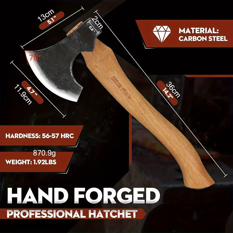 14" Carbon Steel Hand-Forged Hatchet Axe – Bushcraft & Camping Tool with Sheath