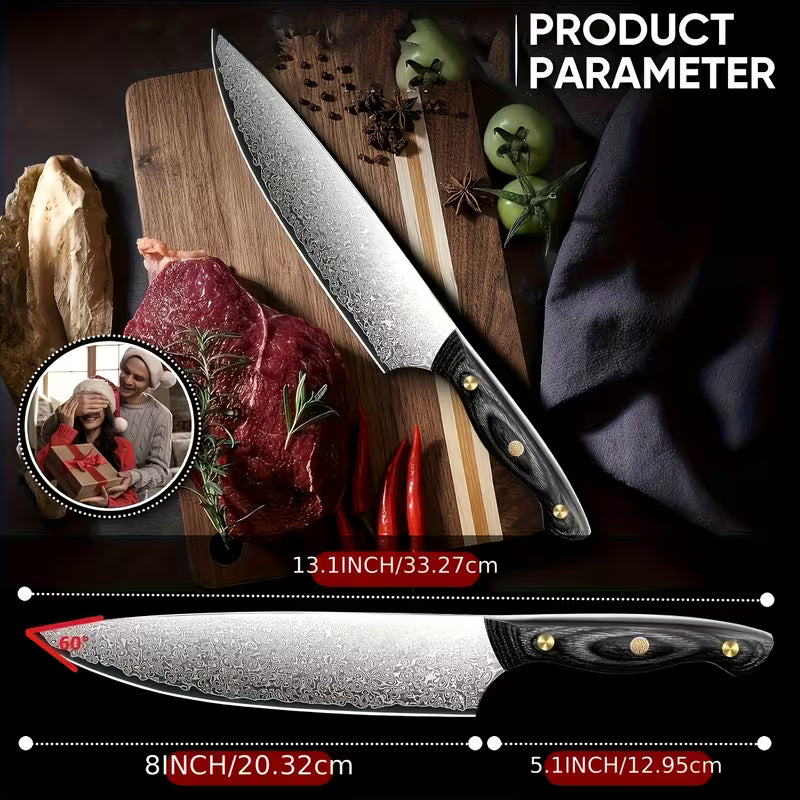 8-Inch Damascus Chef Knife, VG10 Steel, Sharp Ergonomic Wooden Handle