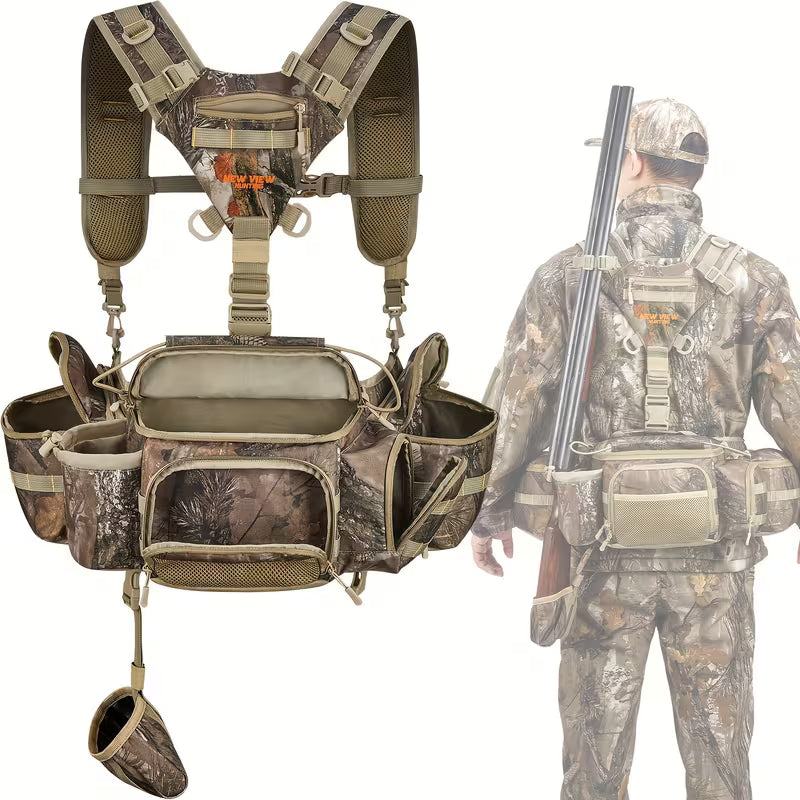 Camo hunting waist pack with 9 pockets and rifle holder