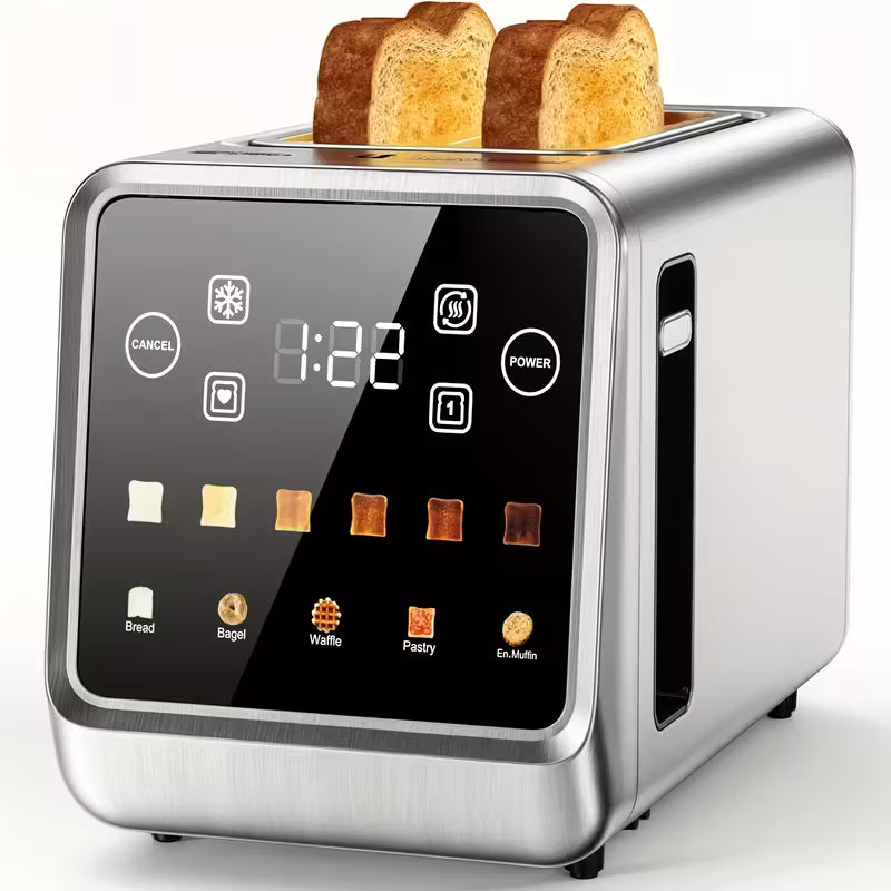 Touch Screen 2-Slice Toaster – Stainless Steel, 6 Shade Settings, 900W