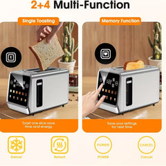 Touch Screen 2-Slice Toaster – Stainless Steel, 6 Shade Settings, 900W