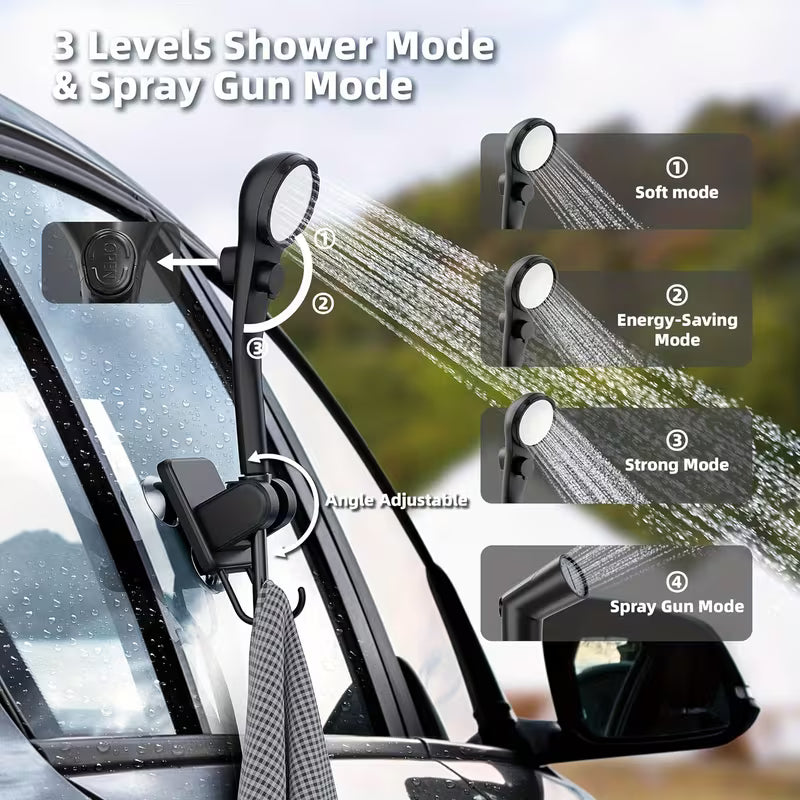 Portable rechargeable camping shower with foldable bucket