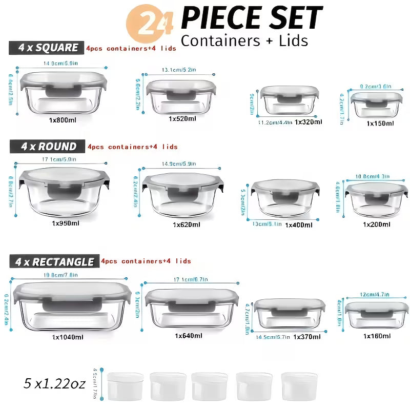 24-Piece Glass Food Storage Containers with Lids – Leak-Proof Meal Prep Set