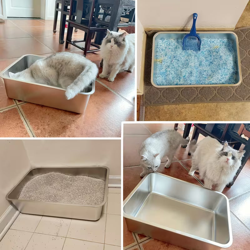 2-Pack XL Stainless Steel Cat Litter Boxes – 6" Deep, Easy-Clean High-Side Design