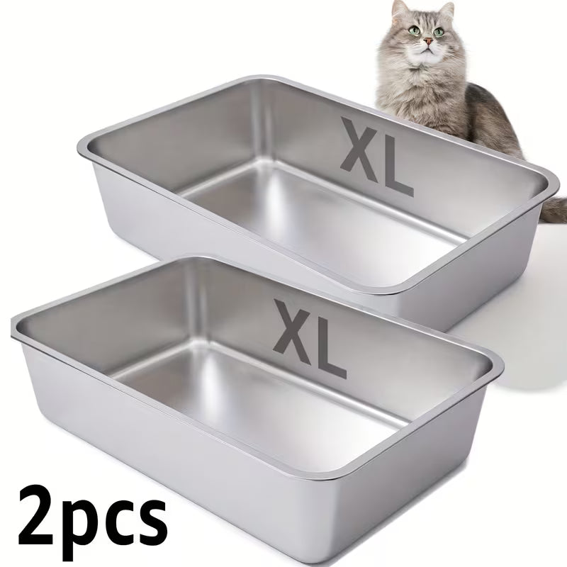 2-Pack XL Stainless Steel Cat Litter Boxes – 6" Deep, Easy-Clean High-Side Design