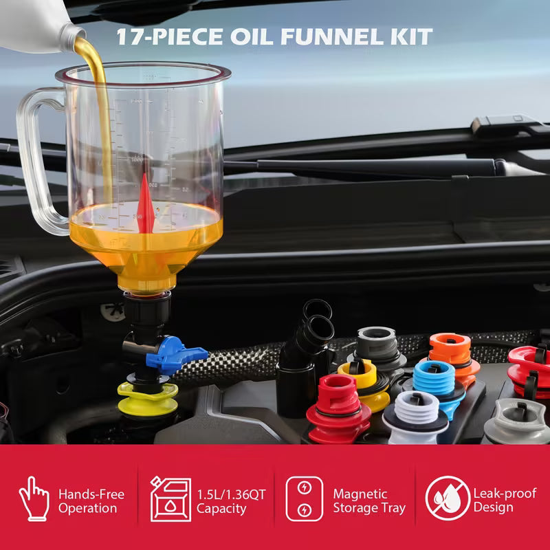 17-piece engine oil funnel kit with 12 adapters