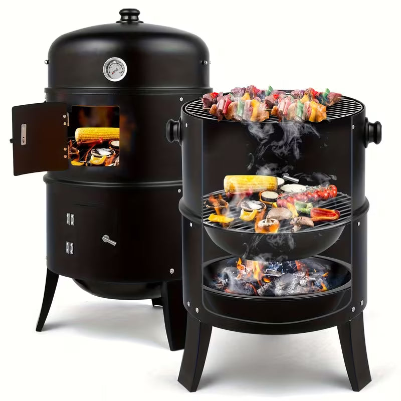 3-in-1 Portable Charcoal Smoker Grill – BBQ Grill with Thermometer & Fire Pit