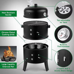 3-in-1 Portable Charcoal Smoker Grill – BBQ Grill with Thermometer & Fire Pit