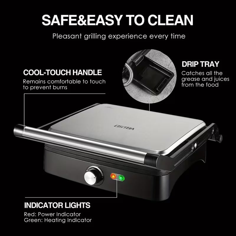 OSTBA 1200W Panini Press – 4-Slice Nonstick Grill with Adjustable Temperature