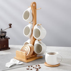 6-Piece Ceramic Coffee Cup Set – 6.8oz Cups with Wooden Coasters & Holder