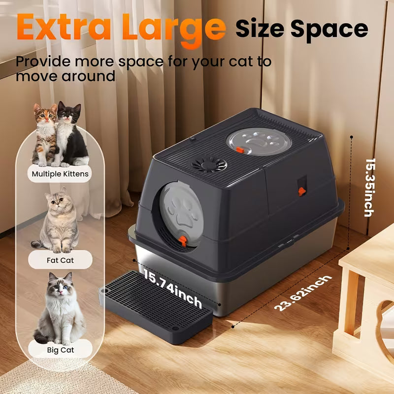 XL Stainless Steel Litter Box – 3-in-1 Flip-Top Design with High Walls
