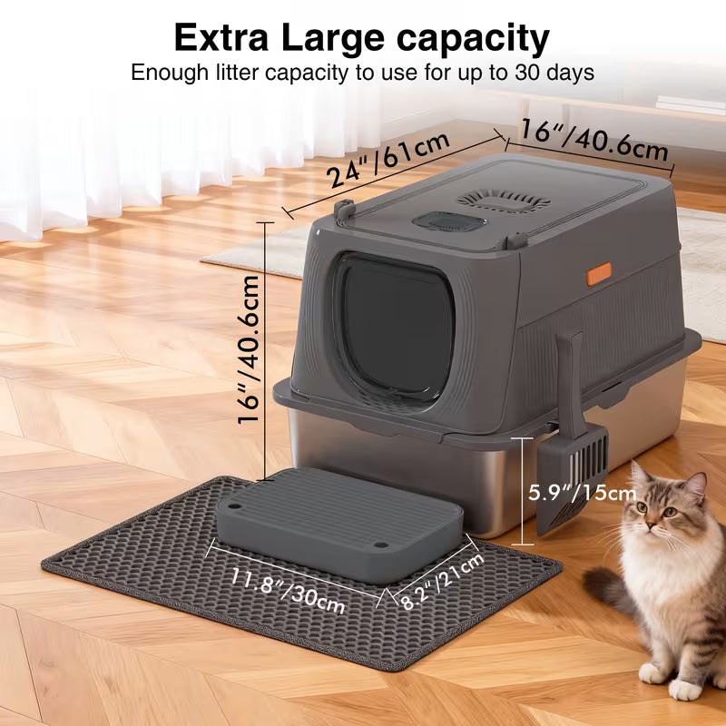 CITYLIFE Oversized Stainless Steel Cat Litter Box – Covered & Anti-Splash Design