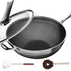13.3-Inch Stainless Steel Nonstick Wok – Honeycomb Design with Lid & Accessories