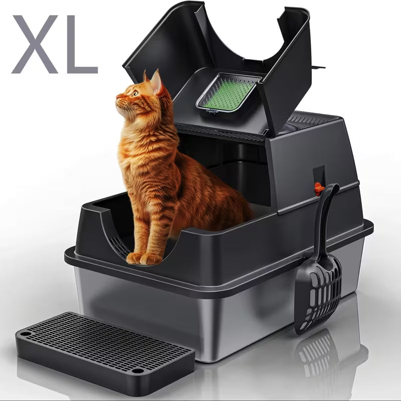 XL Stainless Steel Litter Box – 3-in-1 Flip-Top Design with High Walls