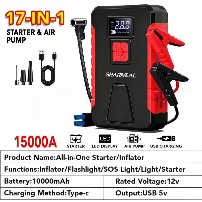 12V 17-in-1 Portable Jump Starter with Air Compressor & LED Light