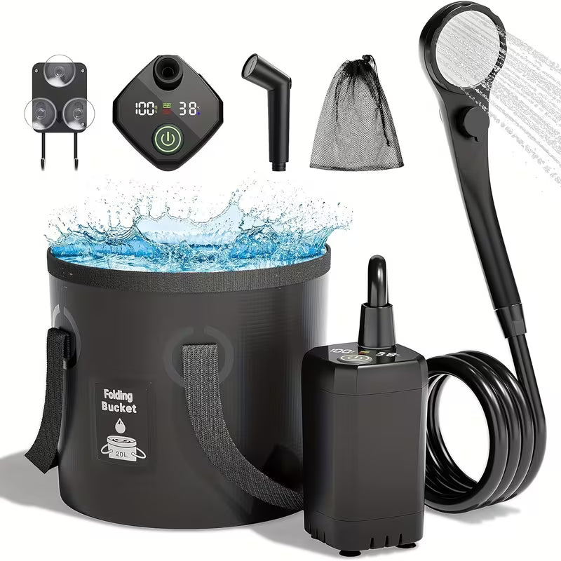 Portable rechargeable camping shower with foldable bucket