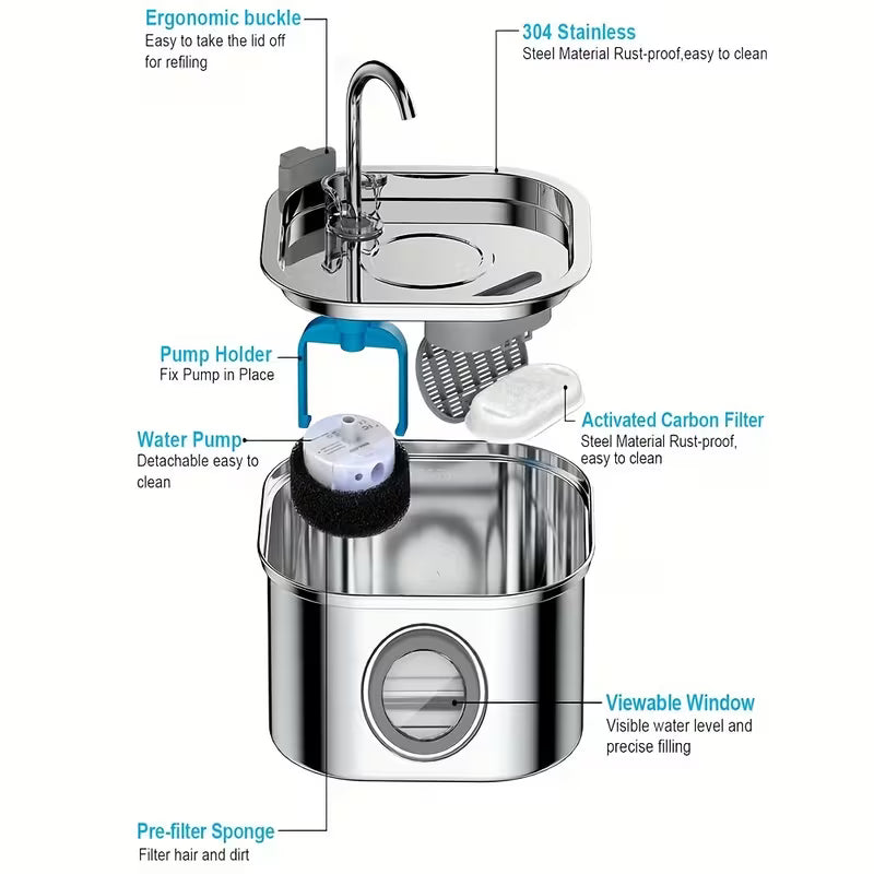 108.2oz Stainless Steel Cat Water Fountain – Ultra-Quiet Automatic Filtered Pet Fountain