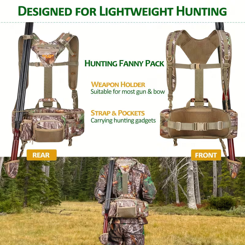 Camo hunting waist pack with 9 pockets and rifle holder
