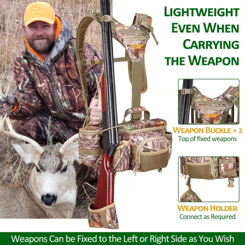 Camo hunting waist pack with 9 pockets and rifle holder