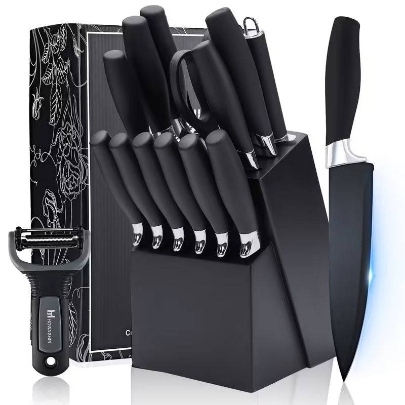 Brodark 15-Piece Kitchen Knife Set – Stainless Steel with Built-In Sharpener Block