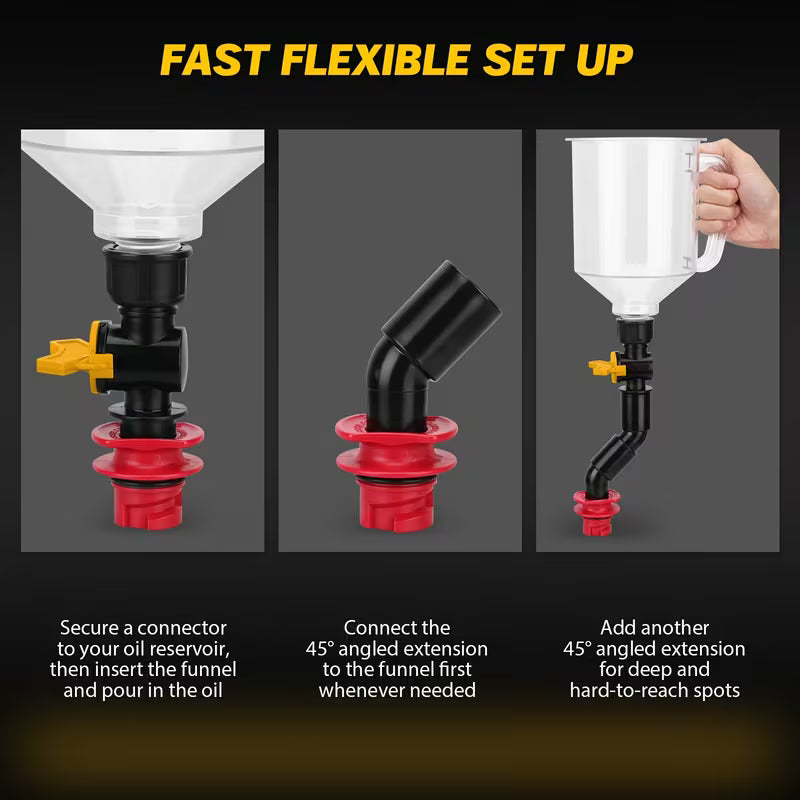 19-piece no-spill engine oil funnel kit with adapters