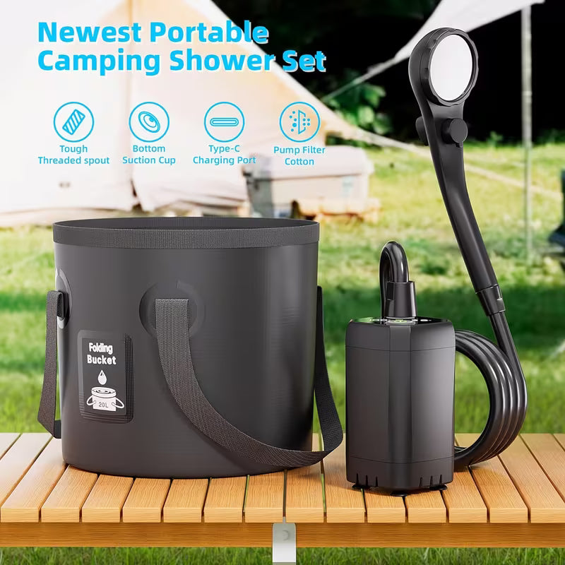 Portable rechargeable camping shower with foldable bucket