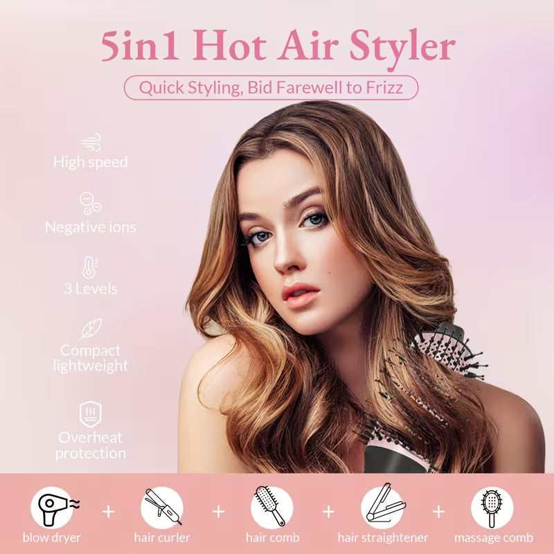 5-in-1 Hot Air Comb – Negative Ion Hair Dryer, Curler, Straightener & Styling Brush
