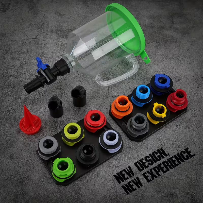 17-piece engine oil funnel kit with 12 adapters
