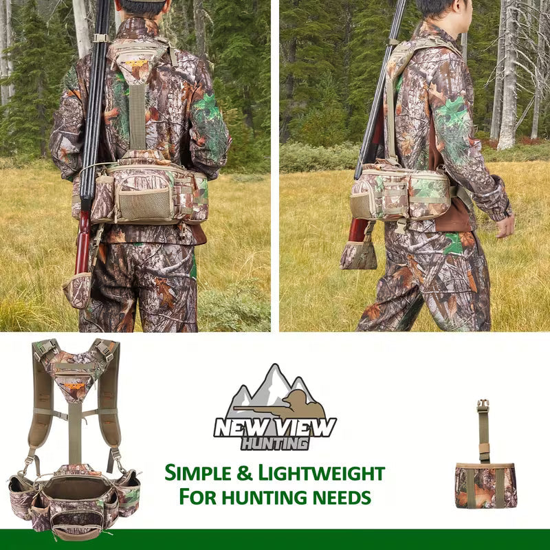Camo hunting waist pack with 9 pockets and rifle holder