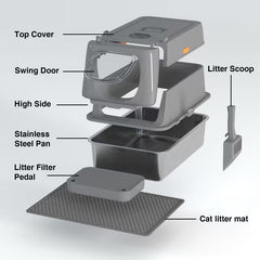 CITYLIFE Oversized Stainless Steel Cat Litter Box – Covered & Anti-Splash Design